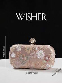 WISHER Elegant Versatile Sparkling Charm Embroidered Floral Evening Clutch Bag, Shimmering Sequin Random Floral & Leaf Design Detachable Chain Clutch, Suitable For Wedding, Party, Cocktail, Formal Occasions And Daily Use - Pink - View 3