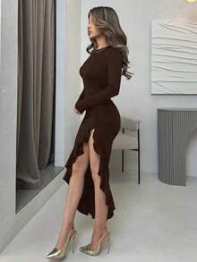YHHJemour Vestido largo de manga larga con abertura lateral sexy de unicolor marrón, vestido de otoño primaveraYHH - Celeste - Ver 11