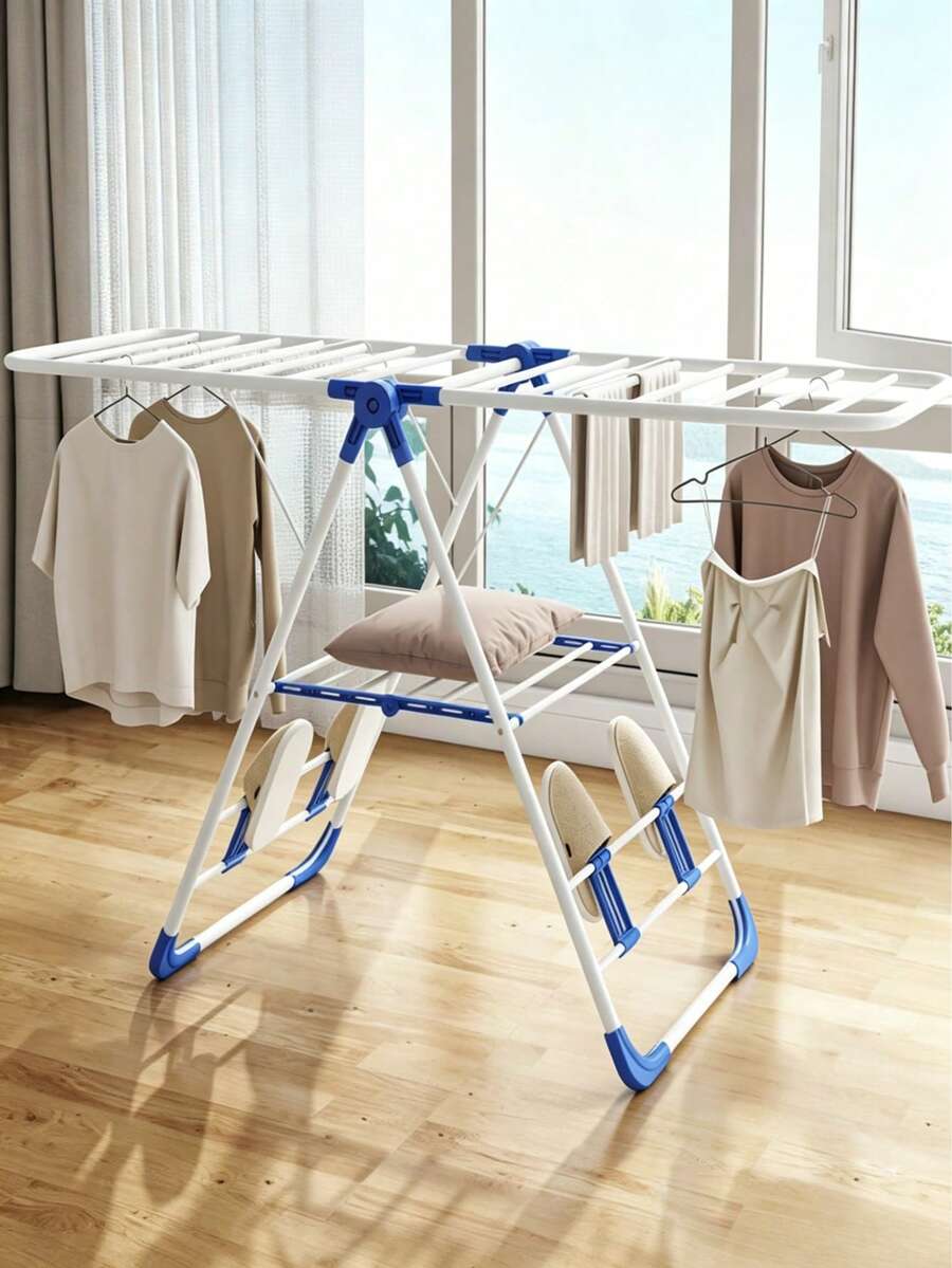 Foldable Clothes Drying Rack With Retractable Side Wings And Shoe Drying Layers, Double-Layer Large Capacity, Tool-Free Assembly, Foldable And Movable, Stable, Space-Saving For Both Indoor And Outdoor Use - A - View 1