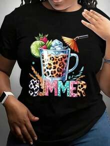 Camiseta genial, camiseta casual de verano con diseño de estampado de leopardo y frutas tropicales, y gráfico de sombrilla para fiestas en la playa y conjuntos para climas cálidos. - Negro - Ver 6