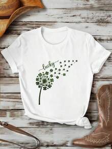 SimpieAndVersatileDesignCamiseta de mujer con estampado de trébol de la suerte. Tejido de calidad, informal, cómoda, duradera, estampado artístico.CottonT-Shirt - Blanco - Ver 6