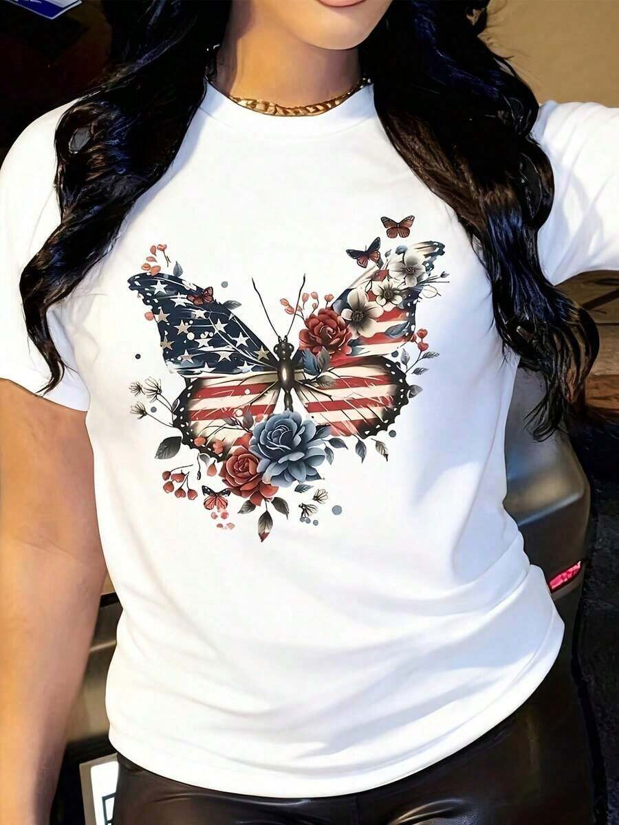 Casual T-Shirt, Women's Fashionable Letter Print T-Shirt - Comfortable And Relaxed, Round Neck, Suitable For All Seasons, Elegant Casual Top, Local Delivery, Summer Top, Stylish Essential For Summer Parties, Summer Fashion, Mother's Day Gifts, 100% Cotton, Durable - 白色 - 查看 1