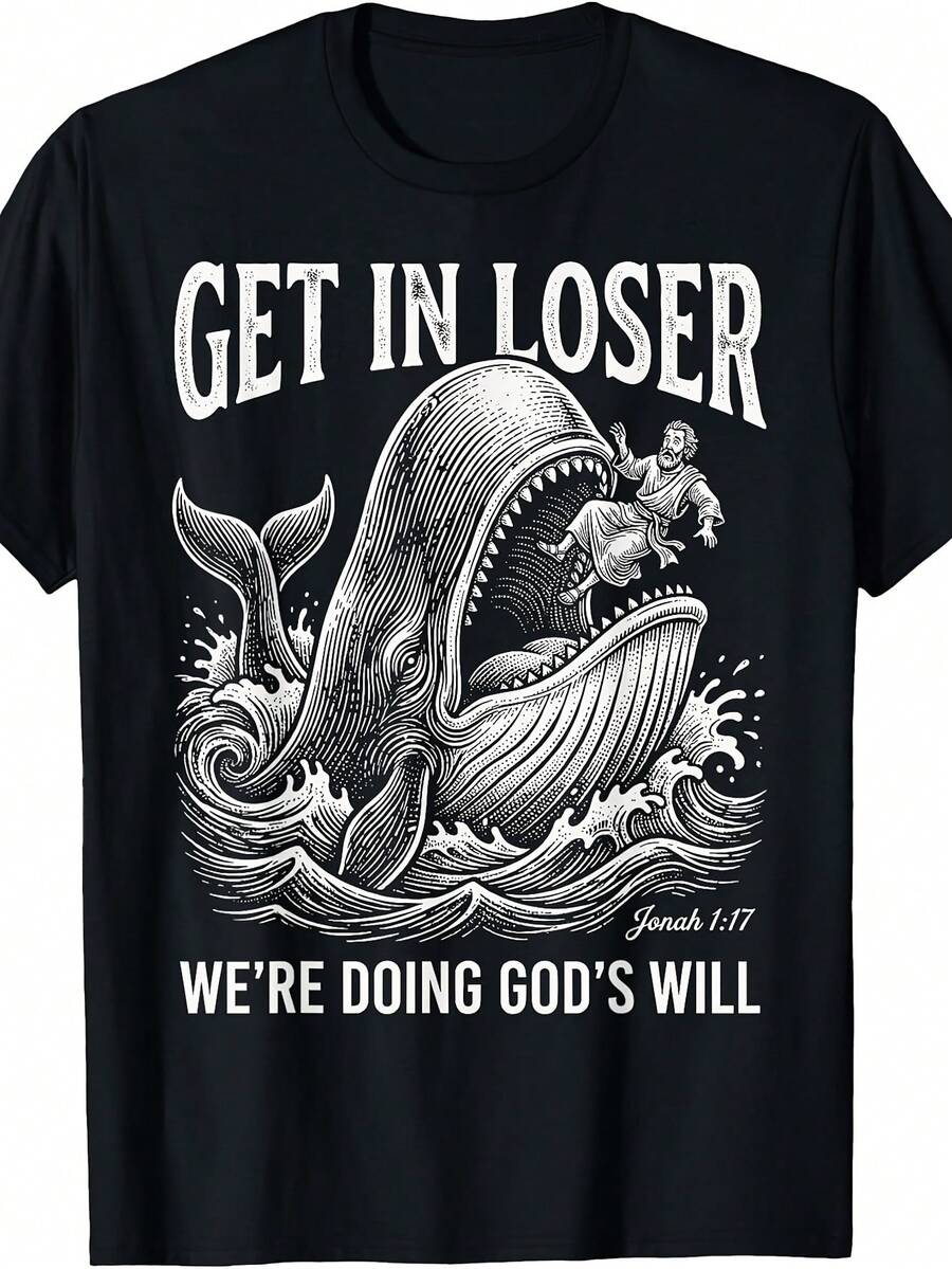 Camiseta cristiana divertida "Suban al coche, perdedores, estamos cumpliendo la voluntad de Dios" con diseño vintage de cuello redondo y versículo bíblico – ropa humorística adecuada para la iglesia, uso diario y como regalo, camiseta de humor religioso lavable a máquina. - Negro - Ver 1
