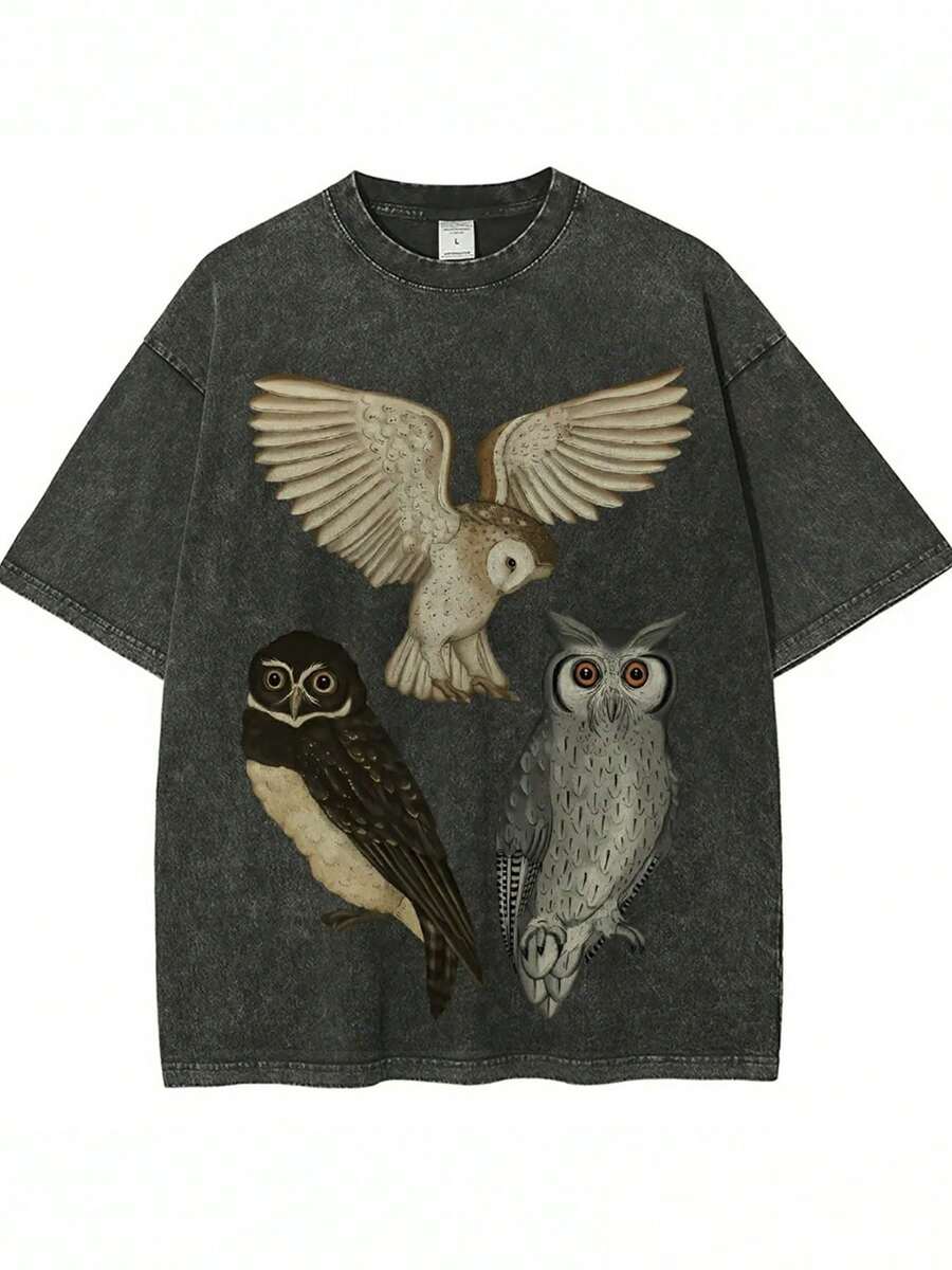 1 camiseta de algodón lavado, con un estampado de tres búhos volando, camiseta de marca de moda vintage de algodón batik de alta calidad, camiseta unisex, camiseta popular para uso diario, regalo para las fiestas, regalo perfecto, 180g 100% algodón. - Negro - Ver 1