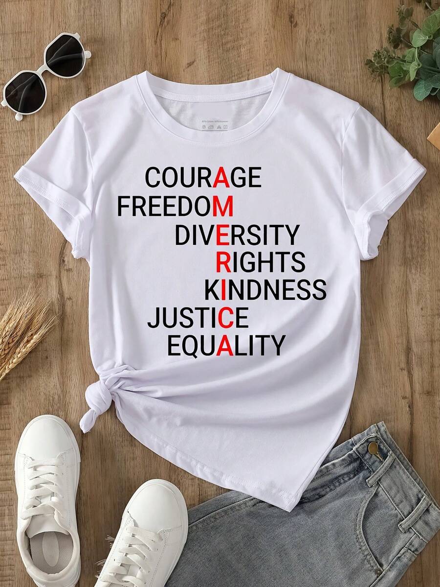 Women's One-Piece Casual Activewear, Spring/Summer, Courage, Freedom, Diverse Rights, Kindness, Justice, Equality, Crew Neck Sweater, Comfortable And Soft Women's T-Shirt, Elegant For Parties, Holiday Gift, Moisture-Wicking, Casual Gym Wear. - 白色 - 查看 1