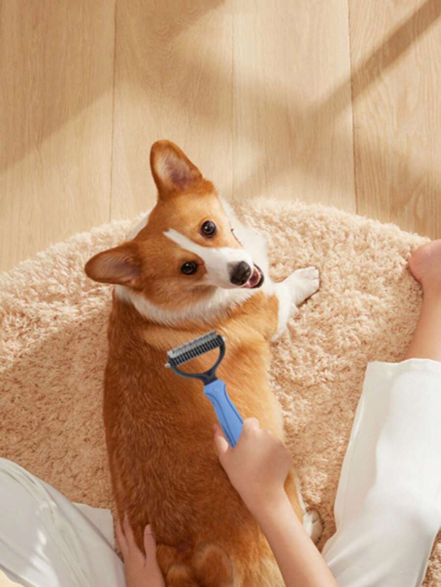 1 chiếc bàn chải chải lông hai mặt cho thú cưng, lưỡi bàn chải bằng thép không gỉ, tay cầm chống trượt dành cho chó và mèo, dụng cụ loại bỏ lông và gỡ rối, màu xanh dương/hồng.