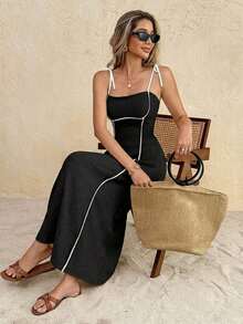 Frenchy Vestido midi con tiras anudadas y ribete de color contrastante para mujer - Negro - Ver 5