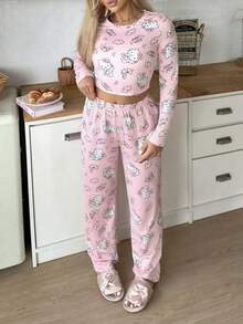 2件組 Hello Kitty 女款圓領印花長袖上衣 + 長褲居家休閒套裝 - 粉色 - 查看 5
