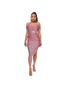 Women's Champagne-Colored Sequined Dress, Off-Shoulder Draped Design, Asymmetrical Side Slit, Stretchy Shiny Fabric Ideal For Summer Parties, Weddings As A Guest And Elegant Outdoor Dinners, Sexy Glamorous Style Perfect For Celebrations And Formal Events - 粉色 - 查看 2