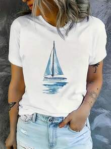 Graphic T-Shirts - Women's Vintage Nautical Sailboat Print T-Shirt - Soft Blue And White, Short Sleeve, Casual Wave Print Style, Loose Fit For Beach, Sailing And Casual Wear - All Season Maritime Garment - 100% Cotton - 白色 - 查看 1