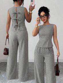 Conjunto de 2 piezas elegante con camiseta de tirantes con detalle retorcido en la espalda y pantalones de pierna ancha de unicolor para mujer - Blanco y Negro - Ver 8