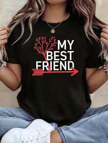 Women's Tops, Women's T-Shirts, Mother's Day, Casual Blouses For Ladies, Women's Tops, 2000s Style, Women's T-Shirt With Arrow And Tree Design, Red-White, Creative Graphic, Casual Short Sleeve, Eye-Catching And Stylish Top For Daily Best Friend Gatherings, Perfect For Spring-Summer. - 黑色 - 查看 6