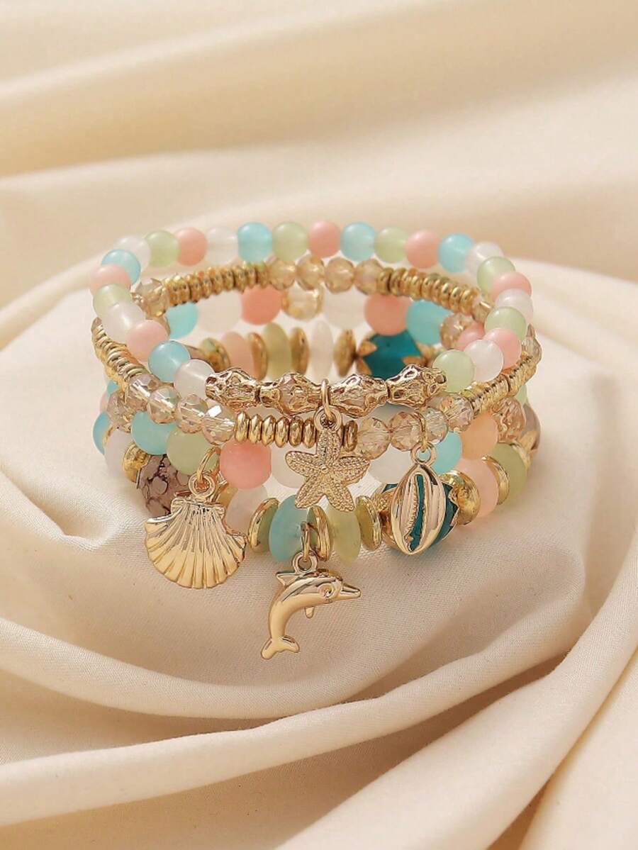 4pcs/Set Boho Style Ocean Theme Dolphin, Shell, Starfish Beaded Multi-Layer Bracelet Set, Suitable For Women's Daily, Vacation, Date Wear, Cute Accessory, Random Colors - Multicolor - View 1