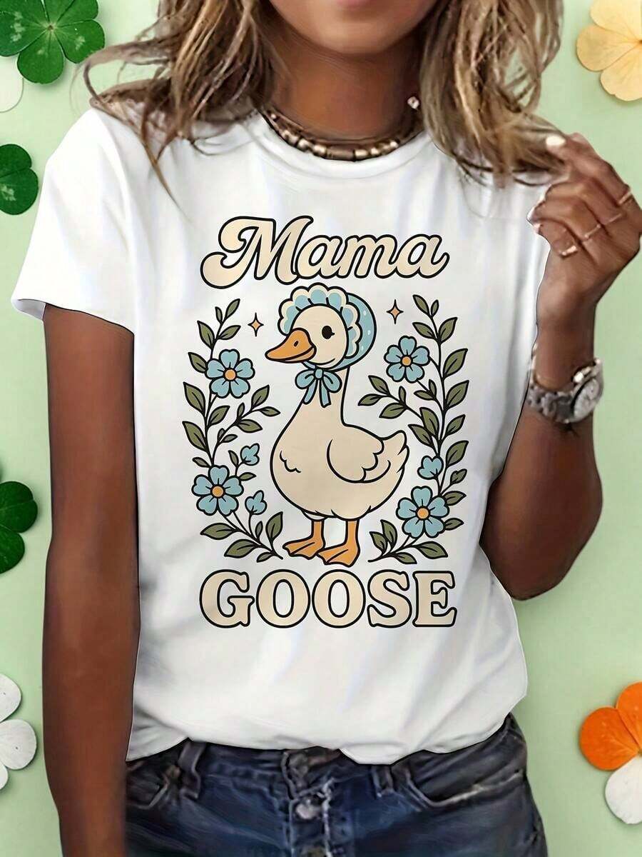 Casual T-Shirt For Mother's Day, Women's 'Mama Goose' Printed T-Shirt, Vintage Duck Design T-Shirt, Floral Print T-Shirt, Casual Short Sleeve Crew Neck, Cute Cottagecore Style Top, 100% Cotton, Durable - 白色 - 查看 1