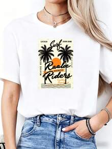 Women's Premium Casual Summer T-Shirt, Designed Exclusively For Surfers, Featuring Palm Trees And Sunsets. Ideal For Beach Vacations And Warm Weather, It Makes A Perfect Gift For Surfers And Ocean Enthusiasts. . - 白色 - 查看 1