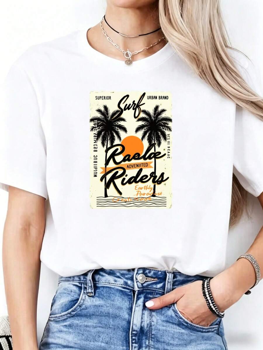 Women's Premium Casual Summer T-Shirt, Designed Exclusively For Surfers, Featuring Palm Trees And Sunsets. Ideal For Beach Vacations And Warm Weather, It Makes A Perfect Gift For Surfers And Ocean Enthusiasts. . - 白色 - 查看 1