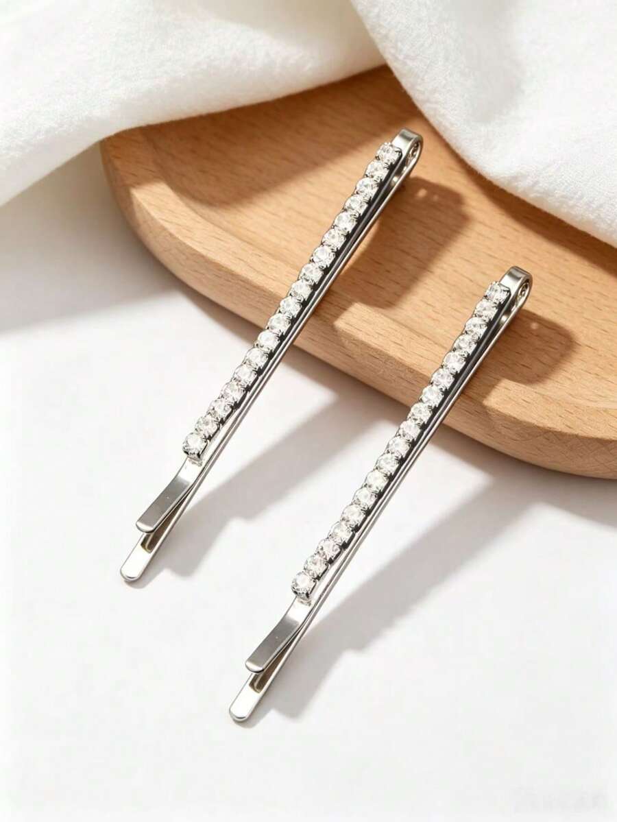 Fashionable Elegant Rhinestone Straight Hair Clip 2pcs - Silver - View 1