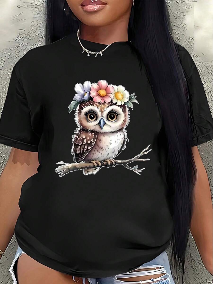 Short-Sleeved Polyester T-Shirt, Decorated With Cute Owl And Flower Designs, Lightweight And Durable, Suitable For Home, Cafes, Or Casual Outdoor Wear. Women's Blouses > Clothing - 黑色 - 查看 1