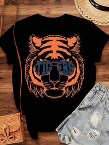 Women's Cotton T-Shirts With Tiger Face Print With Sunglasses, T-Shirt For Women And Men, College Team Spirit Clothing, Perfect For Game Day And Fan Events, Basic Women's Blouses. - 黑色 - 查看 3