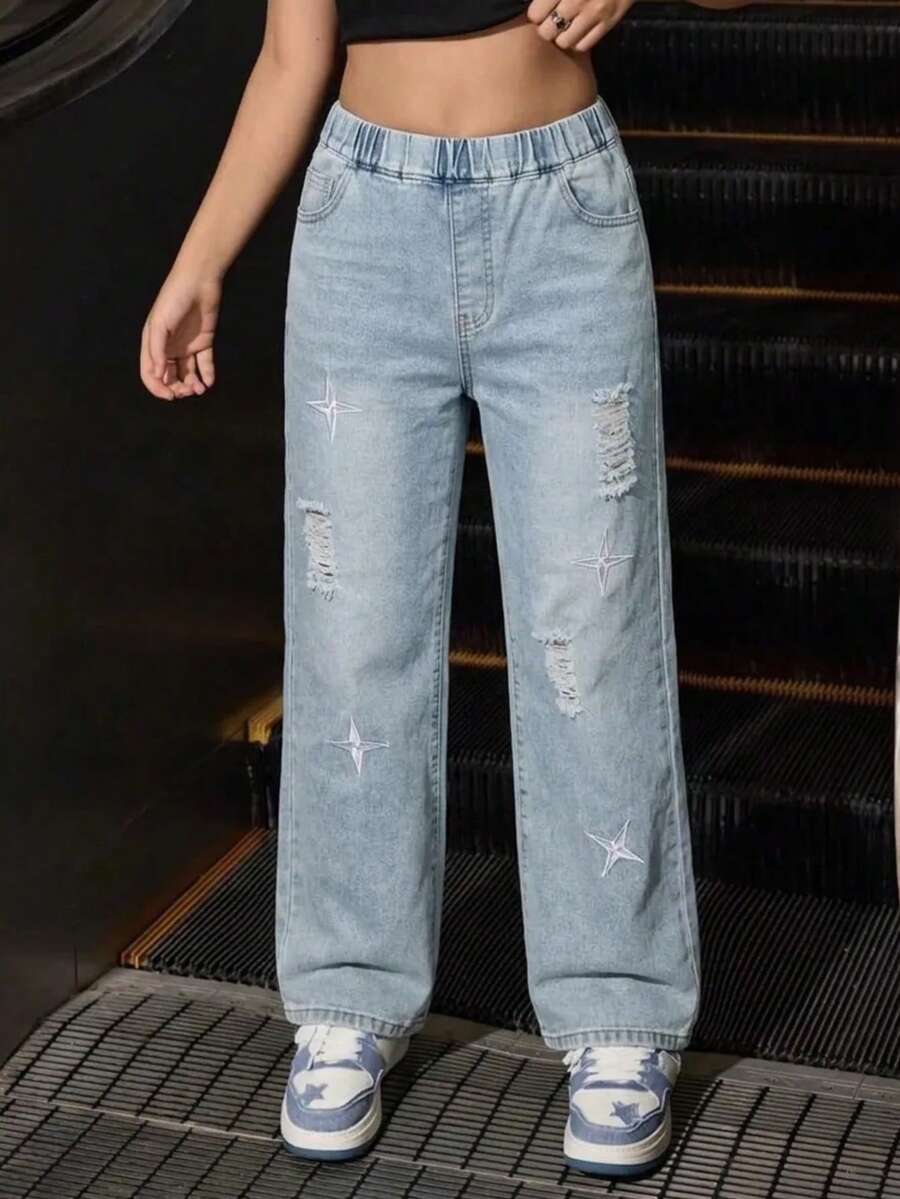 Teen Girl Clothes Front Button Pocket Minimalist Straight Leg Denim Pants, Casual Everyday - Light Wash - View 1