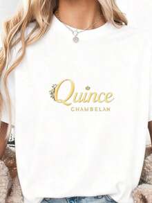 Quince Chambelan & Elegant Gold Crown, Women's Short-Sleeved T-Shirt With Elegant Text, Comfortable, Soft And Lightweight Fabric, Ideal Gift For Quinceañera Enthusiasts Or Lovers. 100% Cotton. - 白色3 - 查看 11