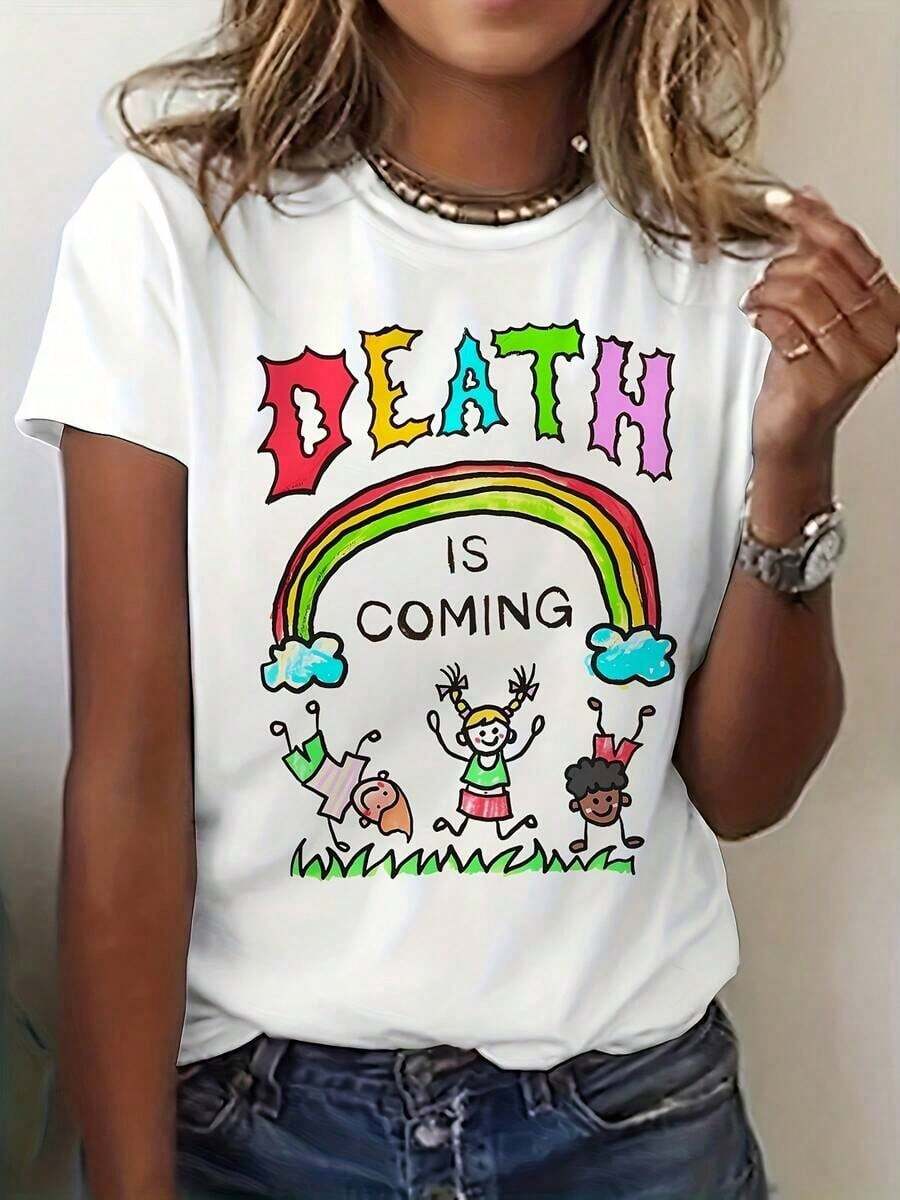 Women's Halloween Graphic Print T-Shirt "Death Is Coming", Casual Short Sleeve Crew Neck T-Shirt For Summer And Spring, Women's Clothing - 白色 - 查看 1