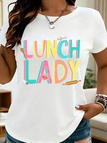 Women's Colorful Lunch Lady Graphic T-Shirt, Casual Summer Top With Kitchen Icons, Fun Food Themed T-Shirt For Cooking Enthusiasts, Birthday Gift Idea - 黑色 - 查看 6