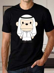 Men's Casual T-Shirt, Black Short Sleeve T-Shirt With Monkey Print In Traditional Arabic Costume For Daily Wear And Social Occasions, Summer. Classic Crew Neck Design, Lightweight, Comfortable And Sweat-Free, Fun Christmas, Holiday Gifts - 黑色 - 查看 7