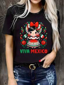 Plus Size, Women's Casual Printed T-Shirt, Round Neck, Short Sleeve, Slightly Stretchy Fabric, Regular Fit, Comfortable Top For All Seasons, Women's Clothing - 黑色 - 查看 1