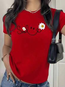 Short Sleeves With Digital Daisy Print And Motivational Phrase. 1 Unit, 100% Cotton, Floral Theme. Women's Round Neck T-Shirt, 220 Grams, Modern Style, Casual Design. Leisure - 紅色 - 查看 1