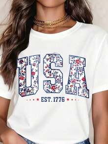 TrendyFashion Women's Graphic T-Shirt, Casual Loose Fit, Round Neck, Short Sleeve, Floral Print With "USA Est 1776" Design, Ideal For Daily Wear And Patriotic Events. - 白色 - 查看 3