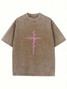 Women's & Men's Unisex 1-Piece T-Shirt, 230g Washed, Retro Cross Print, High-Quality Cotton Batik Retro Fashion Brand T-Shirt, Suitable Thickness For Summer T-Shirt, Holiday Gift - 咖啡棕 - 查看 1