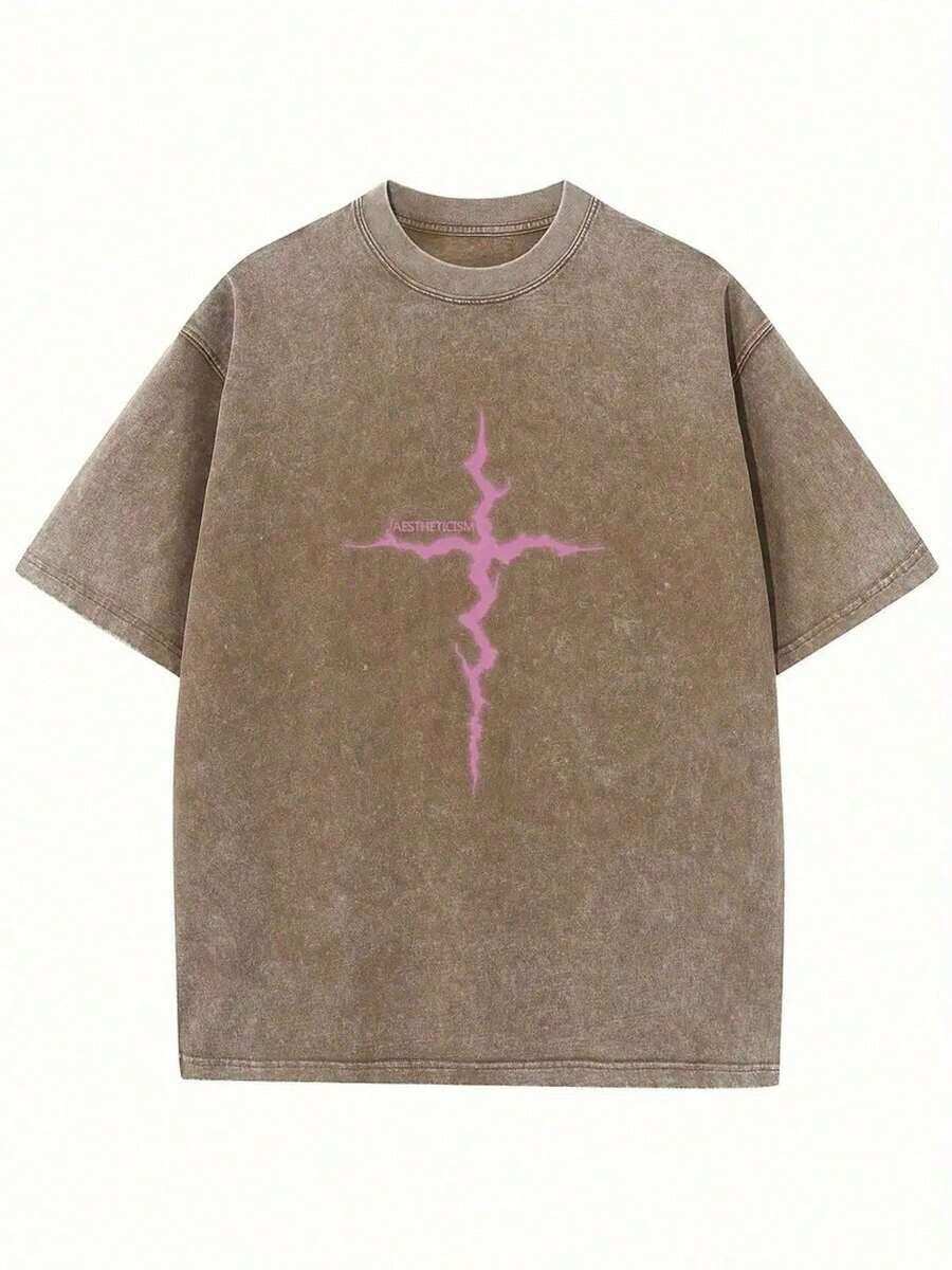 Women's & Men's Unisex 1-Piece T-Shirt, 230g Washed, Retro Cross Print, High-Quality Cotton Batik Retro Fashion Brand T-Shirt, Suitable Thickness For Summer T-Shirt, Holiday Gift - 咖啡棕 - 查看 1