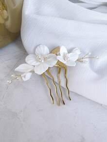1pc Handmade Ceramic Flower & Leaf Faux Pearl Beaded Elegant Hair Comb, Suitable For Wedding, Daily Wear, Vacation - Gold - View 2