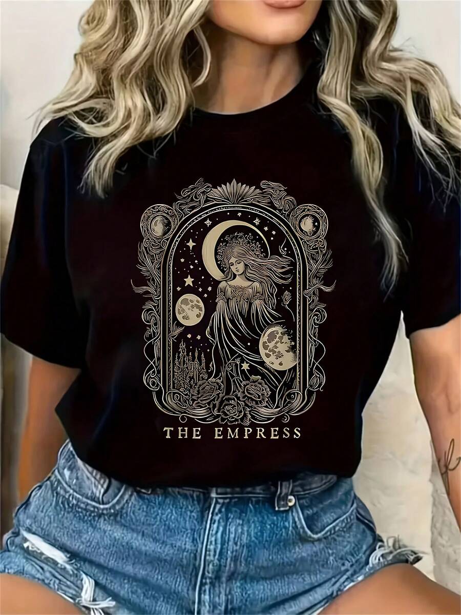 1 Women's Moon Goddess Print Short Sleeve T-Shirt, Vintage Style, Versatile And Casual, Comfortable And Breathable, Ideal For Everyday Wear, A Perfect Holiday Gift And For Wearing As Women's Clothing - 黑色 - 查看 1