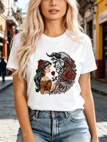 Limited Time Offer, Limited Quantities, Flash ! Women's Casual Shirts, Women's Polyester T-Shirts, Elegant Shirts. Women's Short-Sleeve Crew Neck Casual Top With A "Rose And The Beast" Print; Made From A Soft, Breathable Fabric, Machine Washable And Designed For Comfortable Everyday Wear, Ideal For All Four Seasons. - 白色 - 查看 10