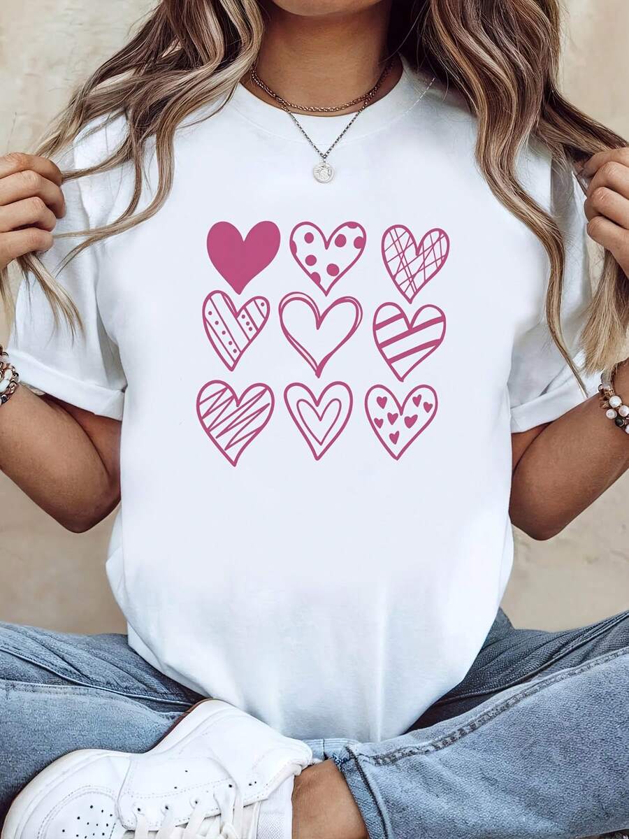 Women's T-Shirts - T-Shirt, Valentine's Day T-Shirt, With Nine Combined Heart Prints (Pink-Purple Gradient Heart + Polka Dots / Stripes / Plaid Patterns) In A Soft Retro Style. - 白色 - 查看 1