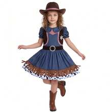 Kinder Western Cowgirl Kostüm Set mit Kleid und Hut, für Karnevals-Party, Maskenball, Aufführung - Verschiedenfarbig - Übersicht 3