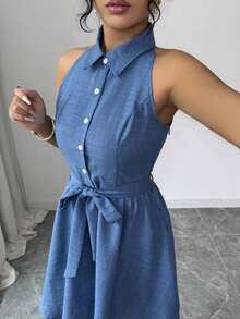 Elenzya Vestido de cuello de camisa sin mangas con tela de efecto lino de dos tonos y efecto de mezclilla, silueta en línea A, diseño elegante y romántico, adecuado para uso al aire libre - Azul lavado medio - Ver 6