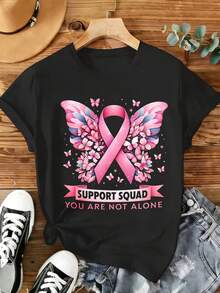 Women's Printed T-Shirt With Pink Butterfly Design For Breast Cancer Awareness - Casual Short Sleeve Crew Neck T-Shirt, Relaxed Fit For All Seasons, Perfect For Everyday Wear Or Holiday Outfits (Machine Washable). - 黑色 - 查看 6