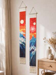 1件波西米亚风格山景挂毯 - 带流苏面料 - 抽象日出设计，适合春季家居装饰 - 完美适用于客厅、卧室、办公室和自然风格空间 - 彩色 - 查看 4