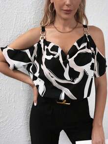 Clasi Blusa con estampado total, detalle de cadena en los hombros descubiertos, parte superior con hombros descubiertos - Blanco y Negro - Ver 3
