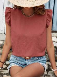 Blusa de verano para mujer con espalda cruzada, volantes y color sólido - Color caoba - Ver 5