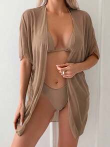Swim Kimono sencillo para cubrirse de mujer de unicolor para uso diario - Marrón Mocha - Ver 1
