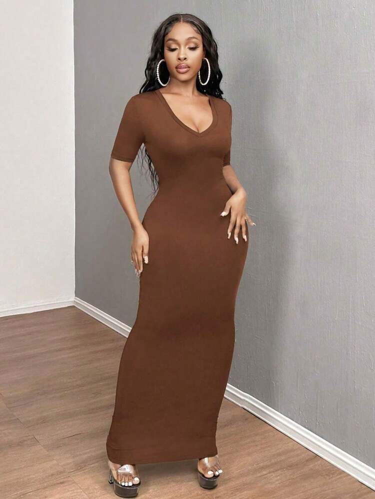 Vestido ajustado corto de manga corta con cuello en V liso para baile de graduación - Marrón Chocolate - Añade 7