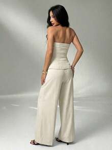 1 Conjunto de Top Camisola Ajustada de unicolor y Pantalones Elegantes para Otoño/Invierno - Albaricoque - Ver 2