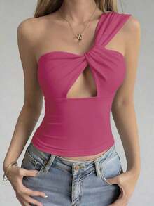 Camiseta sin mangas ajustada con tiras cruzadas huecas, estilo sexy y casual para mujer, Y2K - Rosa Fucsia - Ver 2
