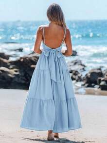 Vestido casual sin mangas con lazo para primavera y verano, atuendos de verano para mujer, vestidos de verano para mujer, atuendos de vacaciones, vestido de playa de verano para mujer, vestido de vacaciones estilo boho y fairycore, vestido sin esp - Celeste - Ver 5