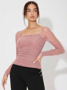 Top panel con malla fruncido brillante - Rosa - Ver 4
