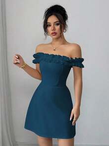 Vestido midi romántico para mujer con hombros descubiertos y corte en la cintura - Agua verde azul - Ver 3